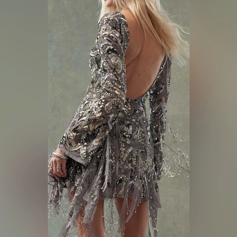 ASOS Embellished Long-Sleeve Mini Dress in fringe and silver - Picture 2 of 2